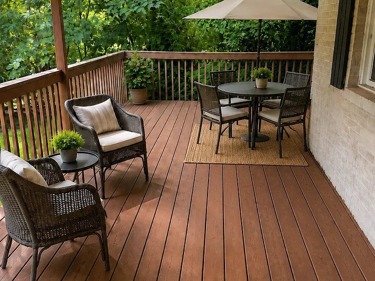 Outdoor seating was virtually added to illustrate possible use of the raised deck; furnishings are not included.