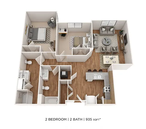 Floor plan Two Bedroom 2 Bath- 935 sqft