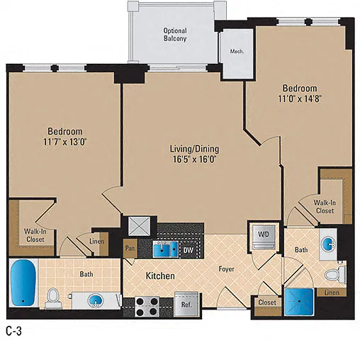 Floor plan 2 Bedroom, 2 Bath 1027 SF B1