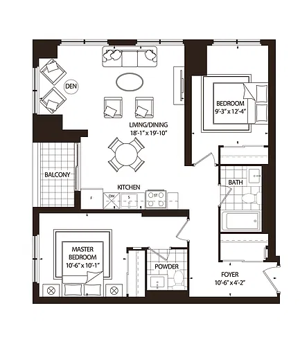 Floor plan 2 Bedroom + Den 2 Bed 1.5 Bath