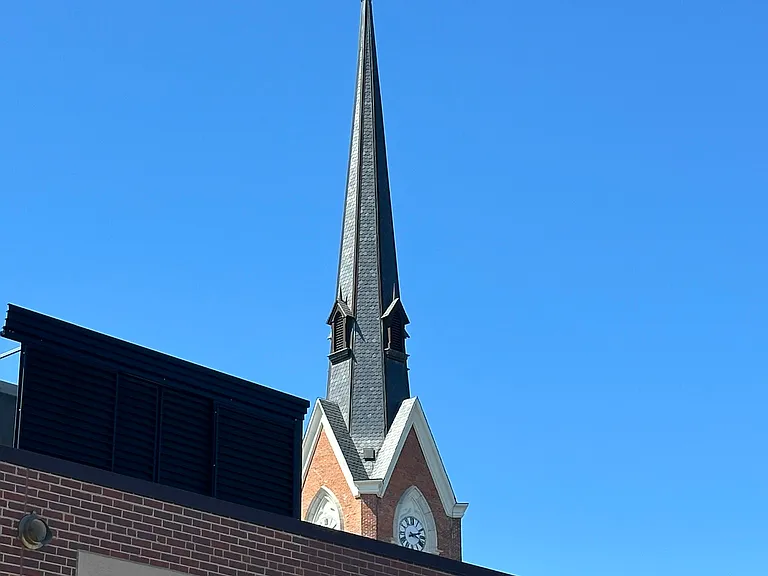 View of Saint Mary's bell tower from the front door