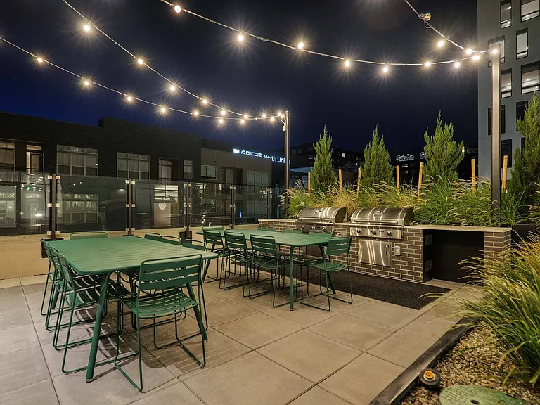 Dine at a green table on the patio, with lights adding a charming and atmospheric touch.