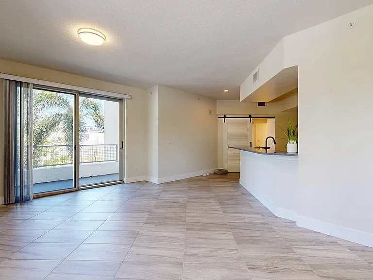 Apartment Kitchen with Stainless Steel Appliances, Dining and Living Room with Wood-Style Flooring and Patio/Balcony.