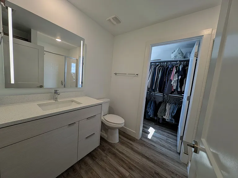 Primary bathroom with walk in shower, closet, quartz countertops, built in mirror lighting