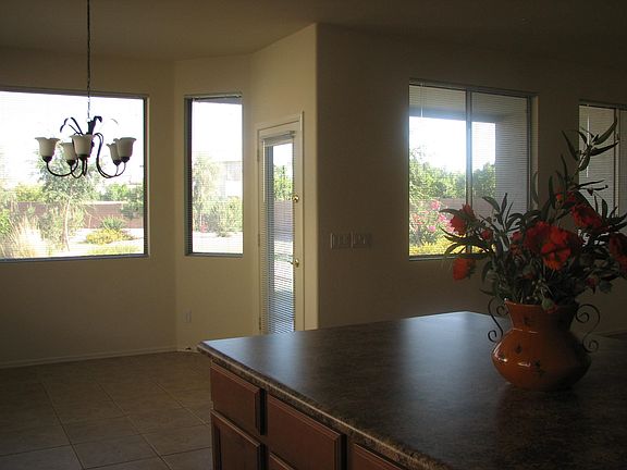 Kitchen and great room look out onto garden backyard w/view of Estrella mtns