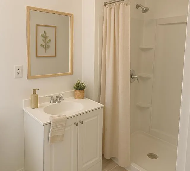 Fresh shared vanity space with a neat and welcoming feel