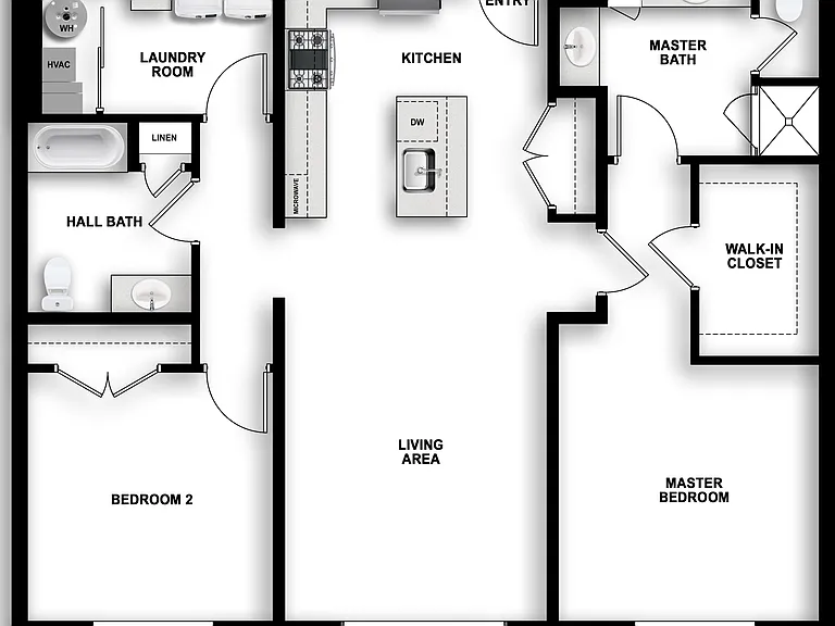 Explore this elegant apartment layout featuring a master suite with walk-in closet and balcony views. Explore this elegant apartment layout featuring a master suite with walk-in closet and balcony views.