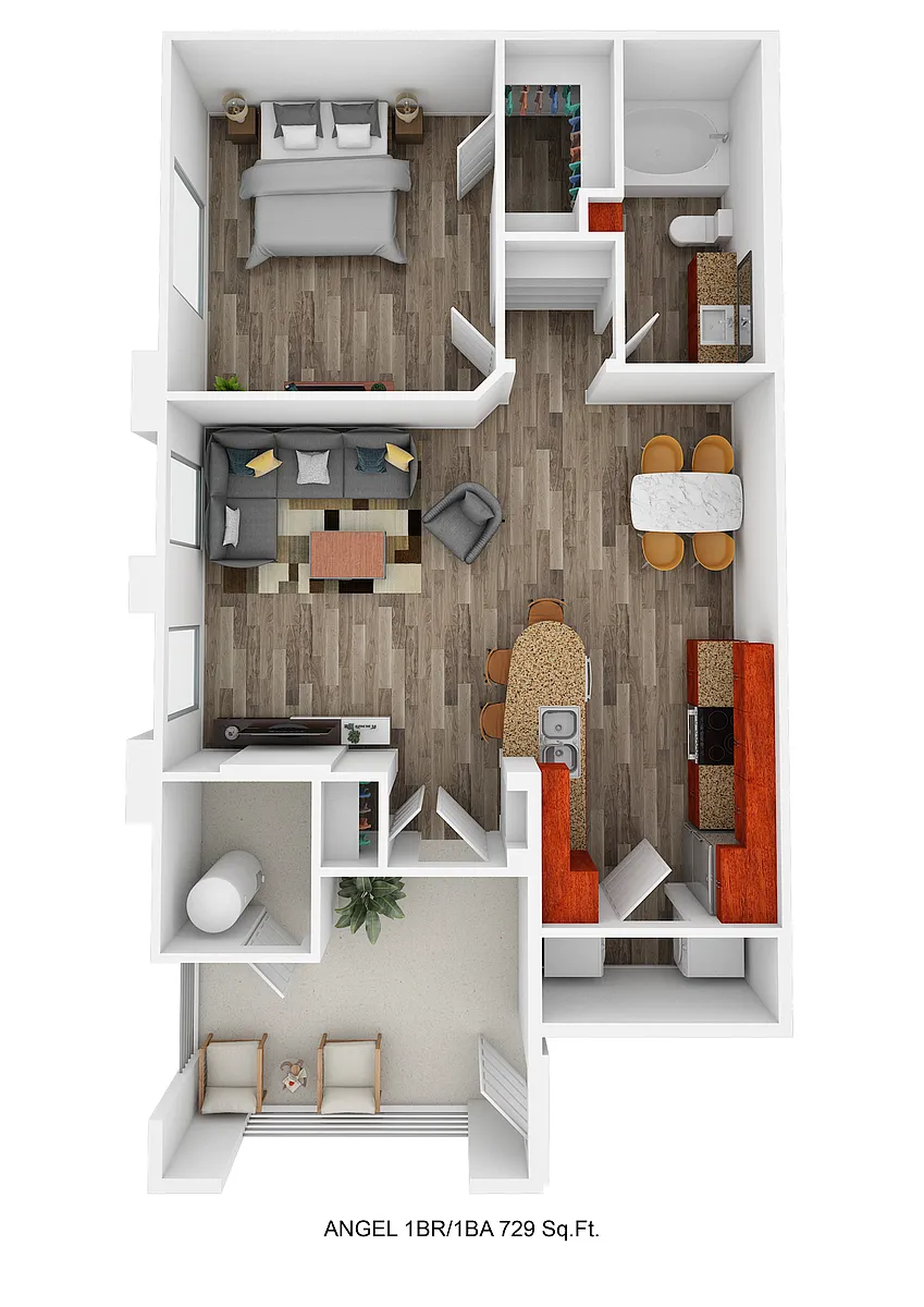 Floor plan Angel - One Bedroom/One Bath 729 Sq Ft