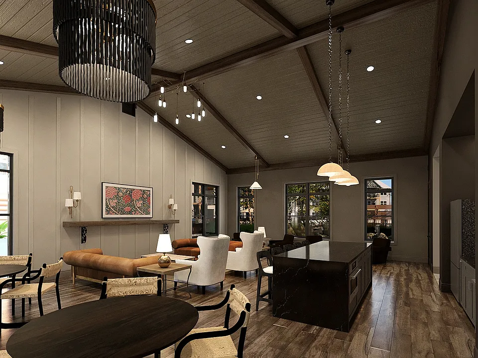 Clubhouse Lounge, Kitchen and Event Space with Vaulted Ceiling