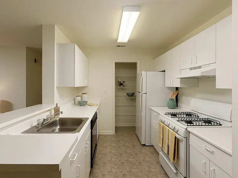 Classic Package I kitchen with white cabinetry, white laminate countertops, white appliances, and vinyl tile flooring