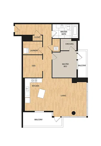Floor plan Tower 1 Bed/1 Bath Den-Maple