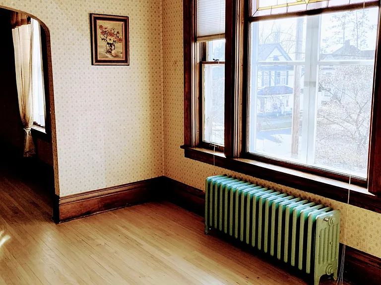stained glass window in dining or office/sitting area