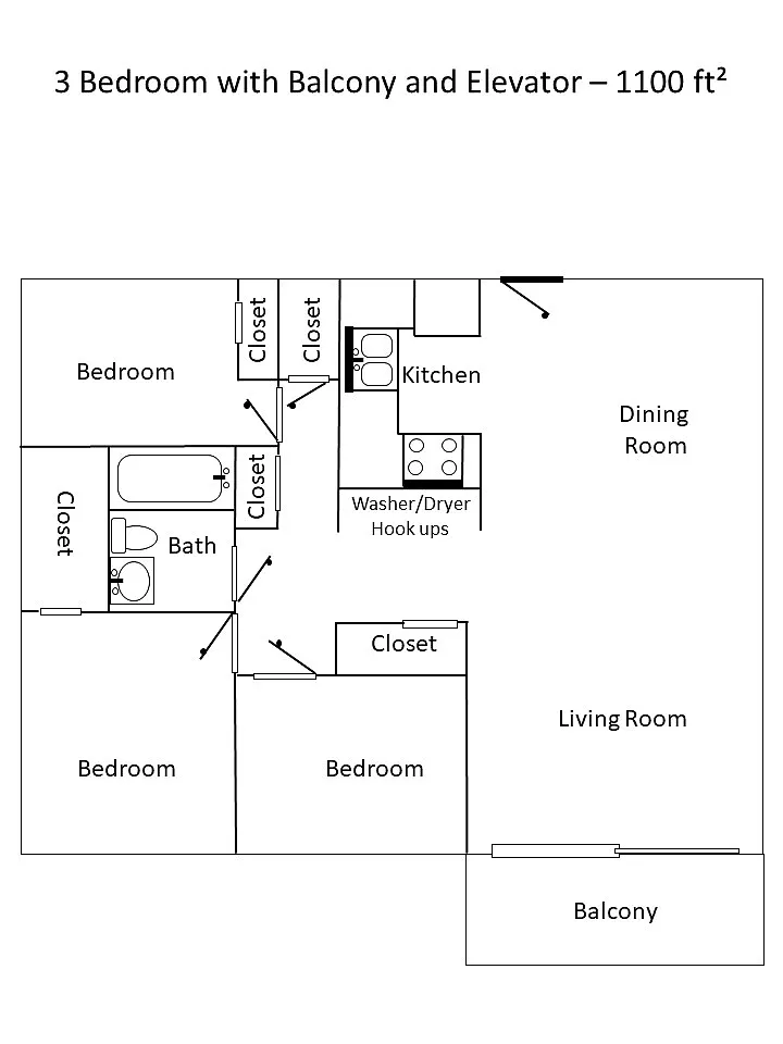 Floor plan 3 bedroom with balcony and elevator