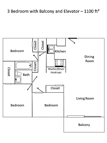 Floor plan 3 bedroom with balcony and elevator
