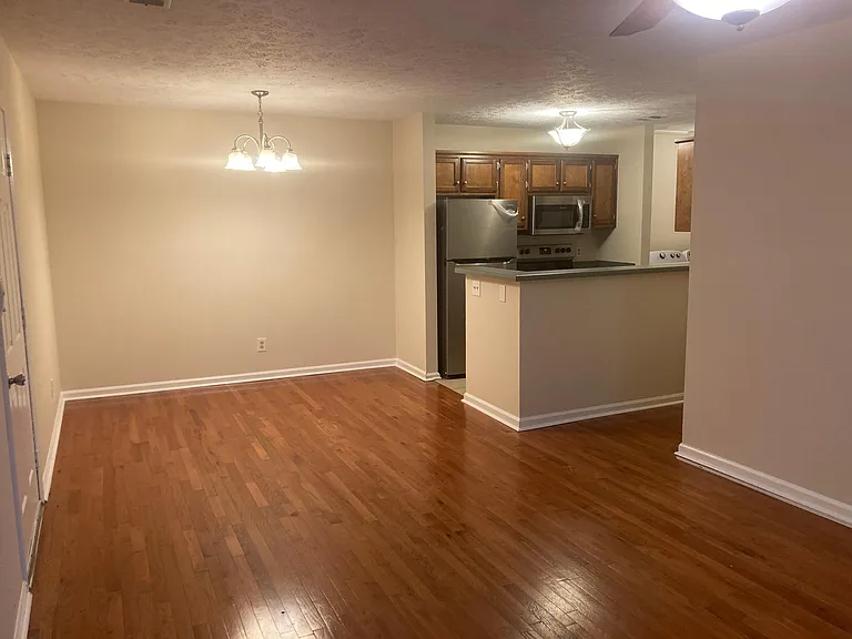 Open kitchen, dining, and living area.