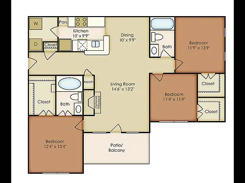 Floor plan 3 Bed, 2 Bath A