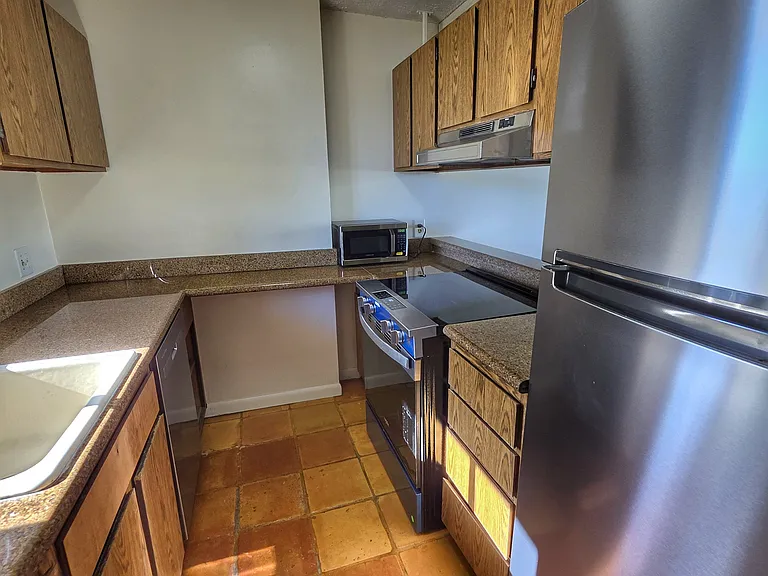Kitchen has new appliances, dishwasher, refrigerator, range, and microwave.