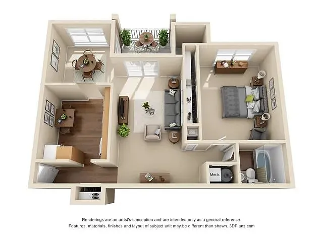 Floor plan 1 Bed, 1 Bath (Maple)