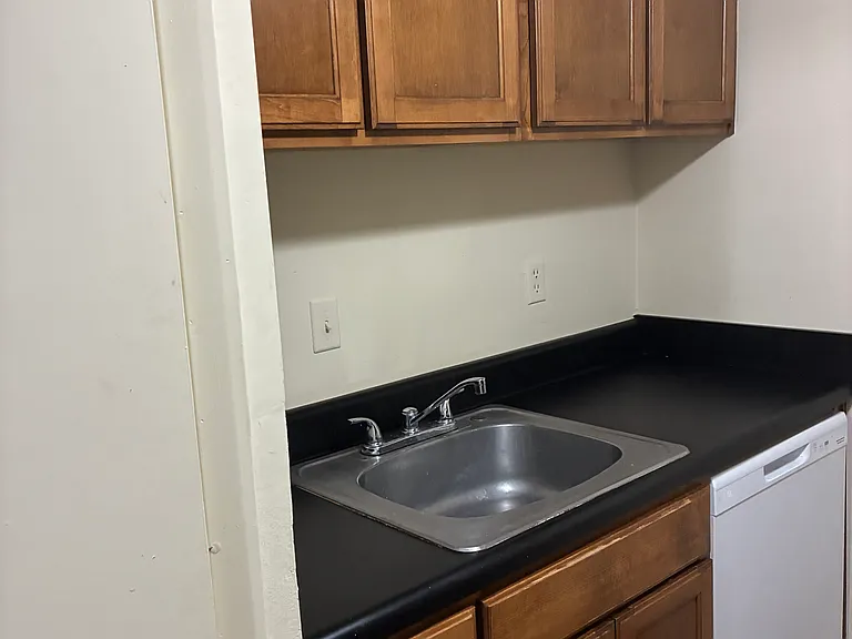 View of kitchen left side. Dishwasher is top the right of kitchen sink.