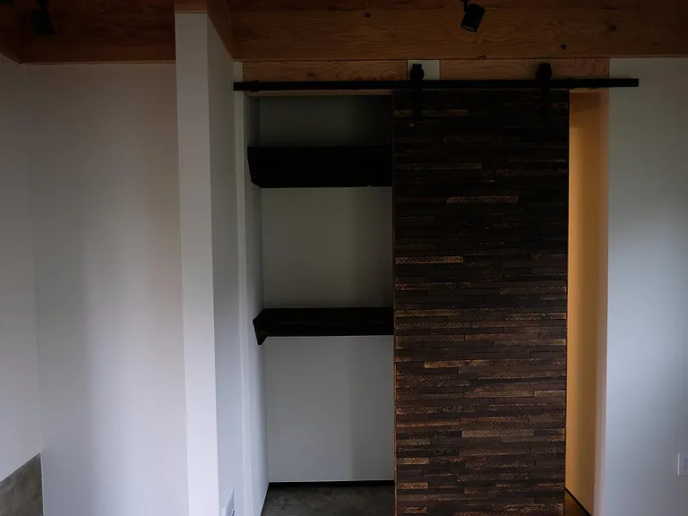 Bedroom closet and barn door.