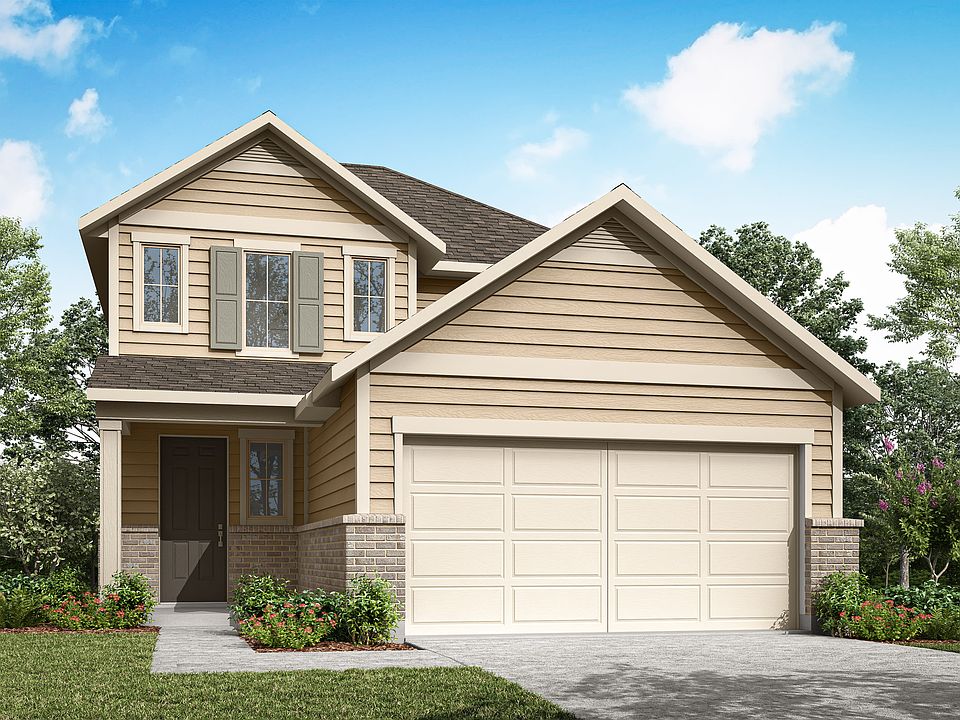 A two-story residential house with a garage, surrounded by trees and landscaping, set against a blue