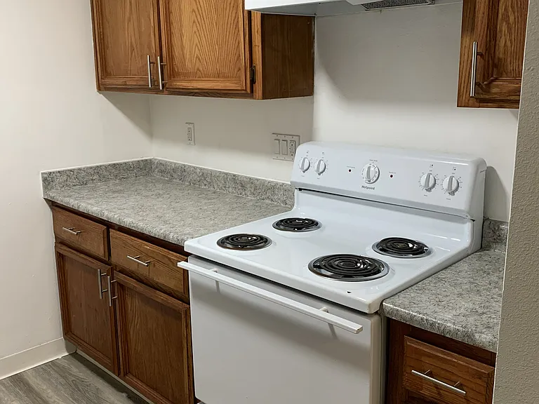Functional kitchen space featuring warm wood cabinetry, a neutral countertop, and durable wood-style flooring. Includes an electric range with overhead hood, offering a practical layout with ample cabinet and counter space for everyday cooking.