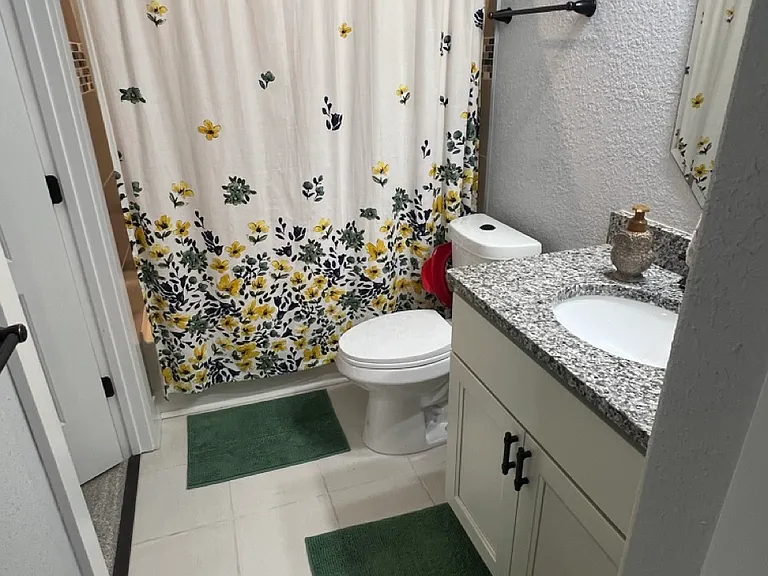 Full bathroom downstairs with upgraded detachable shower head