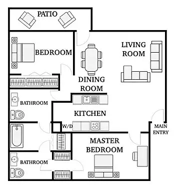 Floor plan 2 Bedroom, 1.5 Bathroom