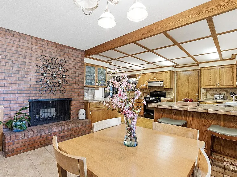 Dining room with fire place.