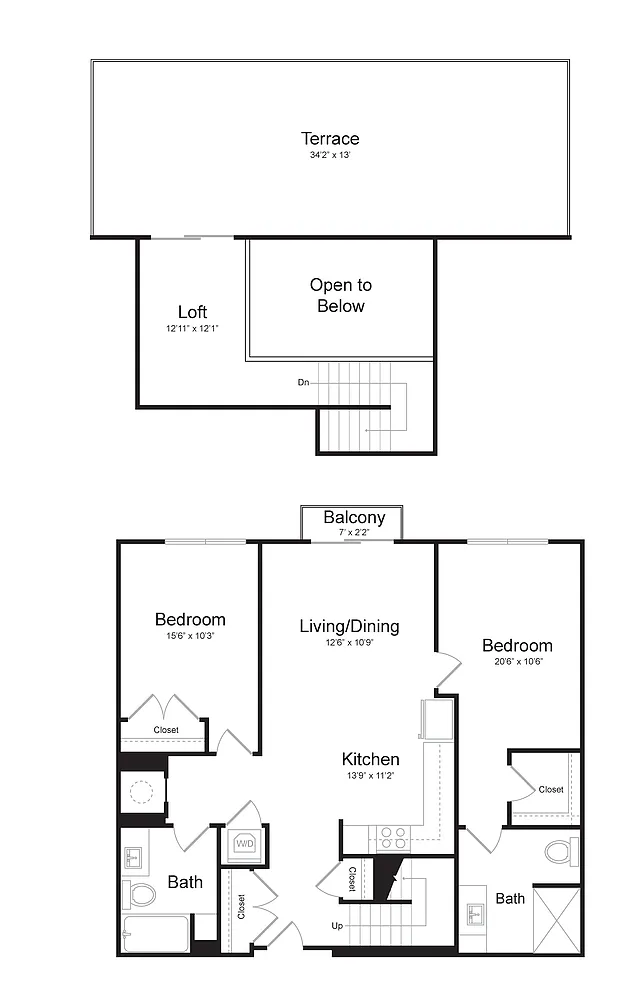 Floor plan Two Bedroom/Two Bath (2AL-A) Loft, Balcony and Ter