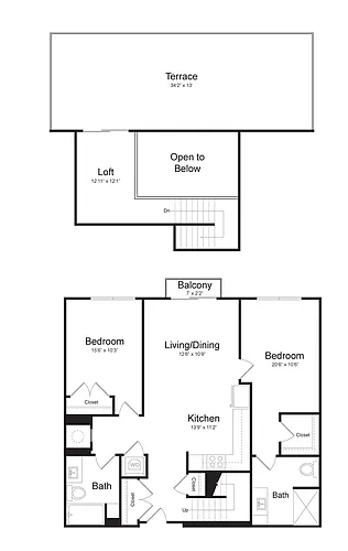Floor plan Two Bedroom/Two Bath (2AL-A) Loft, Balcony and Ter