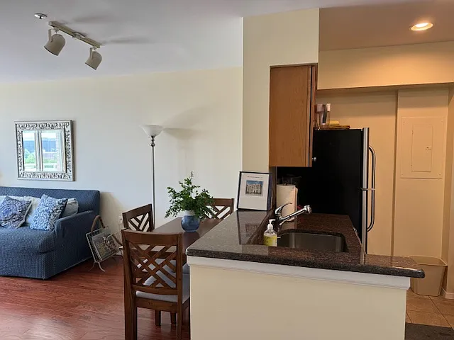 Open kitchen with dining area.
