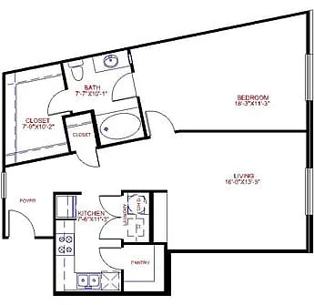 Floor plan Traditional 1x1 856-1100 SF