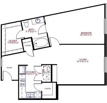 Floor plan Traditional 1x1 856-1100 SF
