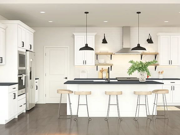Kitchen with floating shelves and pendant lighting