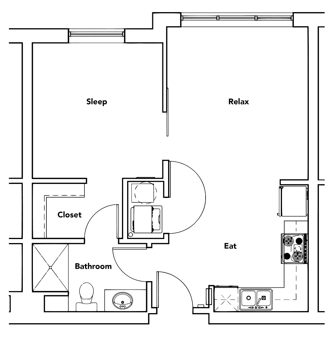 Floor plan 1 Bed, 1 Bath (500 Sq Ft)