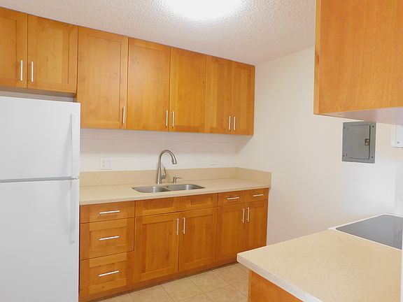 Kitchen with refrigerator, smooth top range with 5 burners; oven; disposal, microwave hood.
