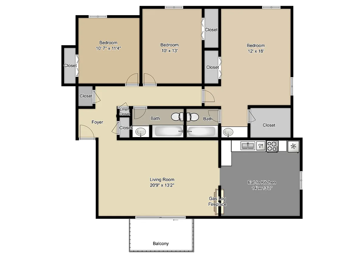 Floor plan Three Bedroom 2 Bath