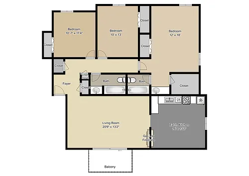 Floor plan Three Bedroom 2 Bath