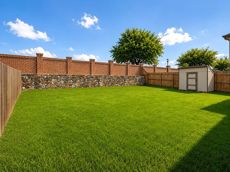 Backyard with fence, stone wall and shed