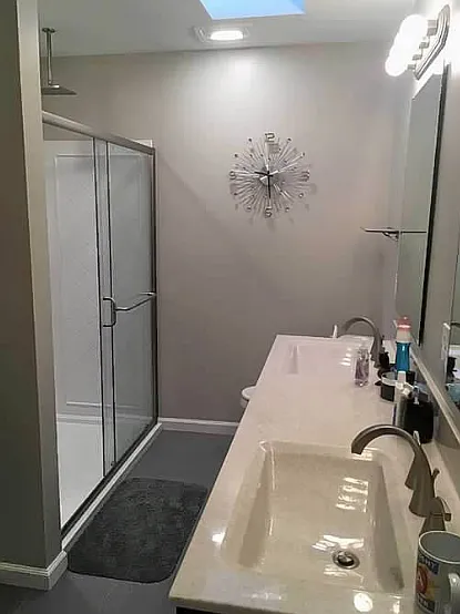 Primary bathroom with view of double head shower