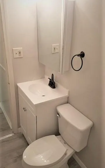 Updated bathroom.- new vanity, medicine cabinet, toilet, grey plank flooring, new paint, new fixtures, and new tub surround.