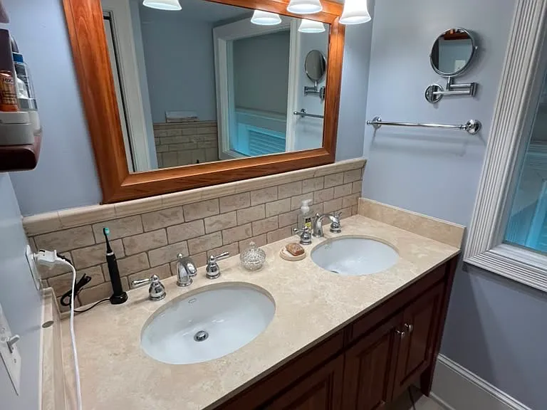 Opposite view of loft bathroom sinks.