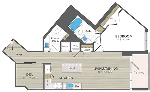 Floor plan 1 Bed 1.5 Bath with Den