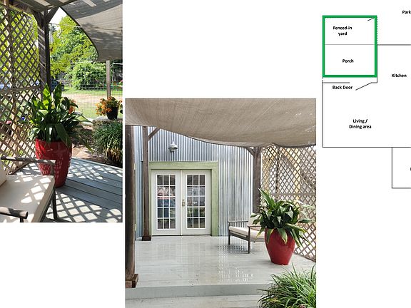 Yard, porch, back door entrance from Parking area into living area / kitchen / dining area; 
Floor plan with yard/porch highlighted.