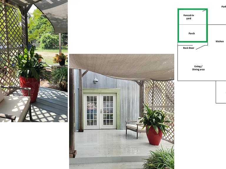 Yard, porch, back door entrance from Parking area into living area / kitchen / dining area; 
Floor plan with yard/porch highlighted