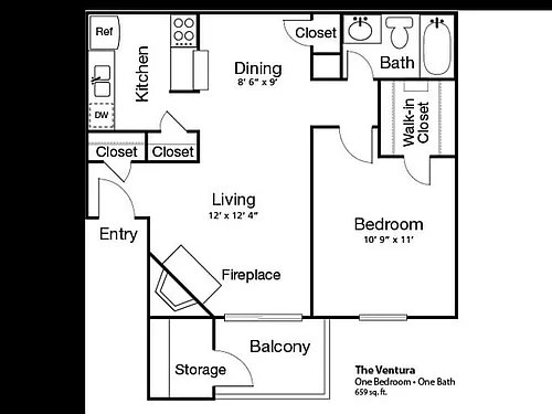 Floor plan 1 Bed, 1 Bath B