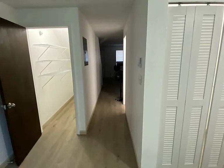Hallway from kitchen to Livingroom. Large pantry under staircase (door on left).