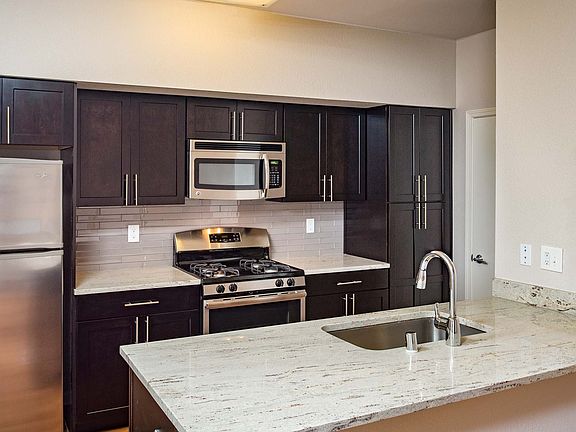 Modern kitchen with stainless steel appliances, granite countertops and premium cabinetry
