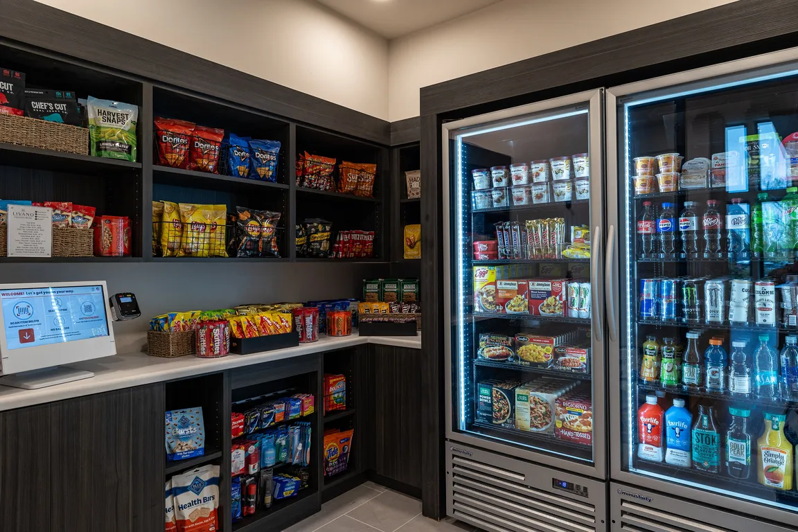 Explore the convenient snack and refreshment area in this luxury apartment community.
